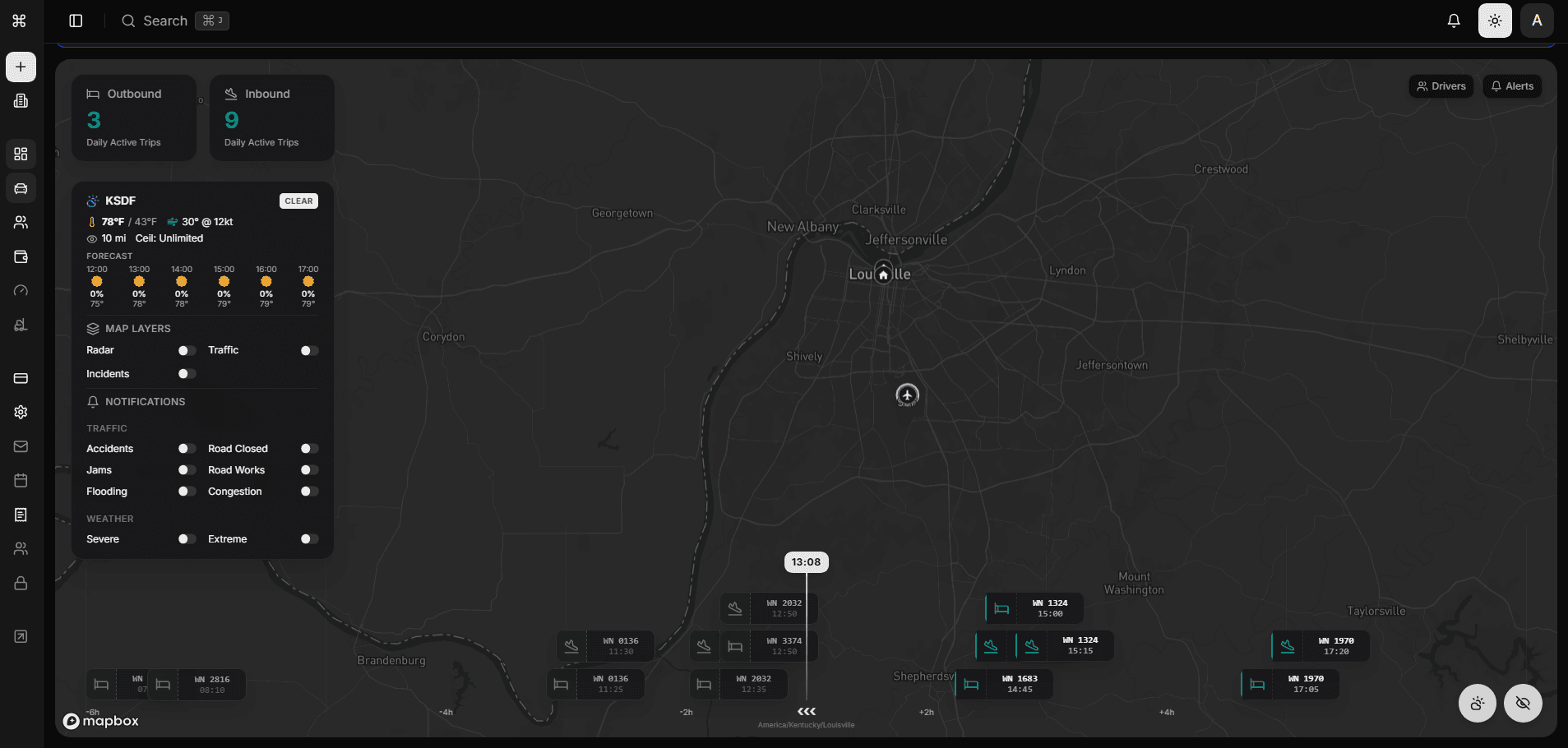 GT360 live operational map — real-time driver tracking and flight arrivals